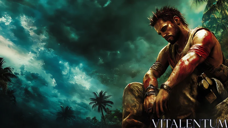 Battle-worn mercenary resting under storm-laden jungle sky.