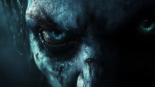 Close detailed view of decayed humanoid face in shadows.
