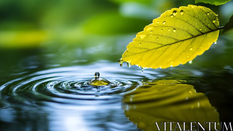 Leaflit droplet crown on tranquil green water surface.