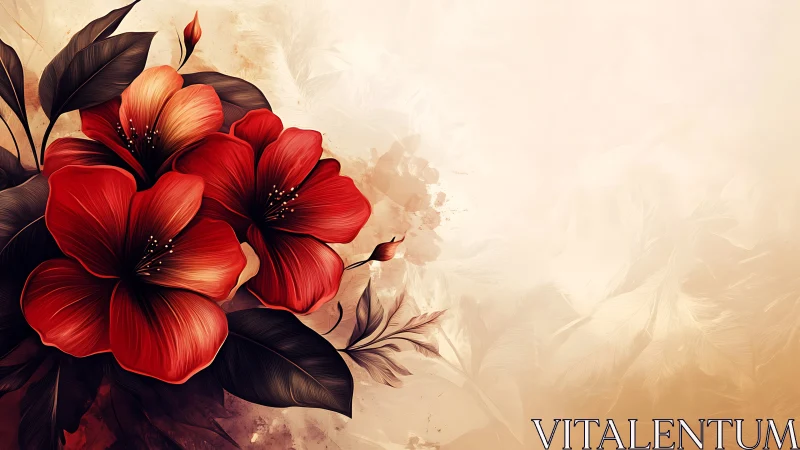 Red Flowers with Dark Foliage Against Cream Background.