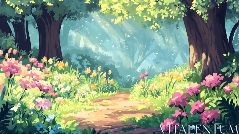 Enchanted Forest Path Where Spring Blooms Gently.