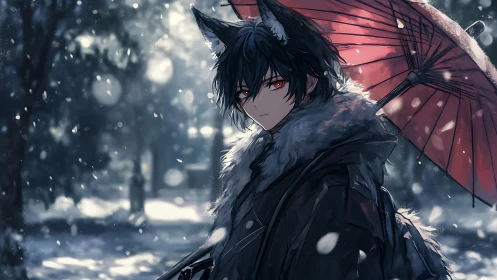 Fox-eared anime boy stands in soft snowfall with red umbrella.