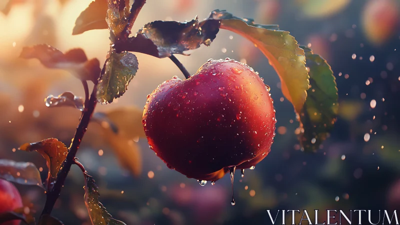 Rain-kissed orchard jewel suspended in golden hush.