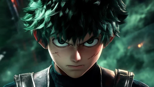 Intense green haired hero portrait in cinematic focus.