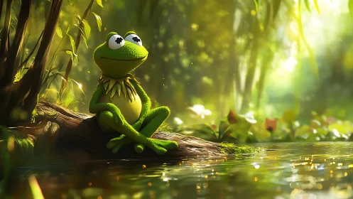 Pondside daydream frog soaking in golden forest hush.