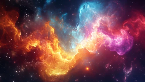 Cosmic nebula ribbon in vivid tri-color stellar glow.