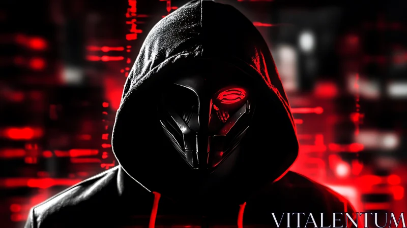 Hooded masked figure is centered against red digital backdrop