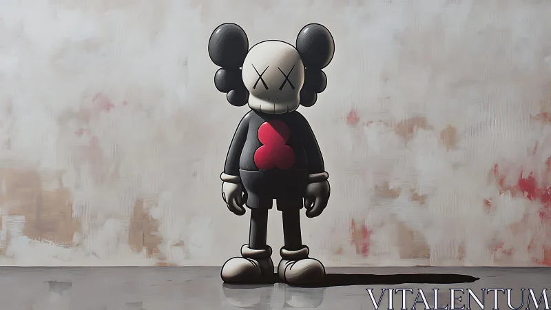 Toy figure casts long shadow against muted abstract wall.