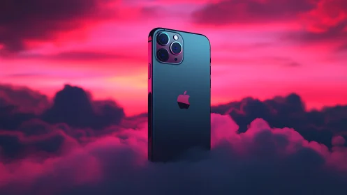 iPhone 11 Pro smartphone elevated above gradient cloudscape with volumetric atmospheric lighting and