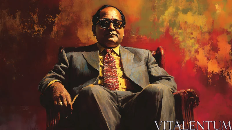 Powerful suited figure in armchair against fiery backdrop.