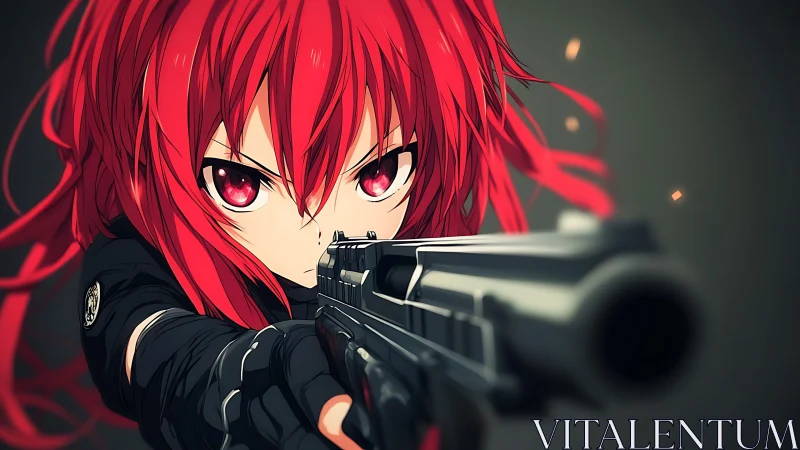 Anime close-quarters portrait with dynamic firearm foreshortening.