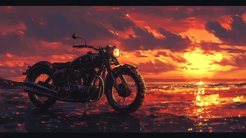 Motorcycle is positioned on reflective shoreline at sunset