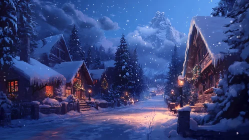 Snowy alpine village street under glowing winter dusk.