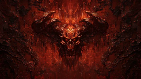 Demonic skull erupts from molten wall in fiery infernal void