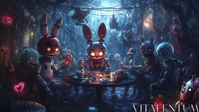 Grotesque animatronic rabbits conduct macabre forest tea ritual