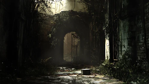Overgrown stone corridor with rusted iron gate and soft godrays