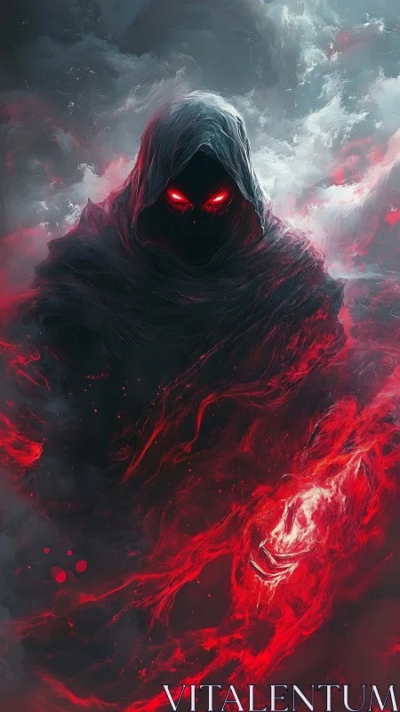 Hooded wraith emerging in swirling crimson stormscape.