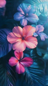 Blue and Pink Gradient Flowers Digital Art.