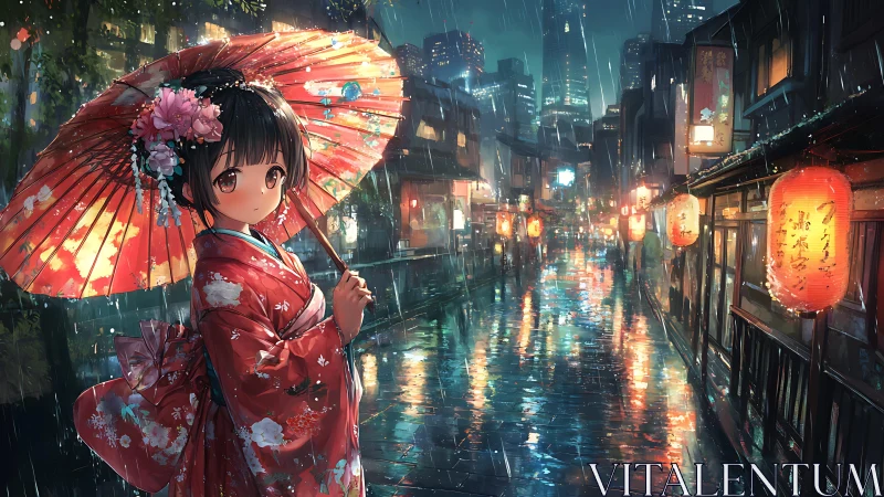 Kimono-clad girl under parasol in neon-lit rainy alleyway