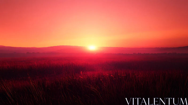 Digital painting sunset over crimson grassland horizon field.
