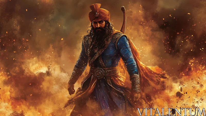 Turbaned warrior in blue coat stands amid dense fiery smoke
