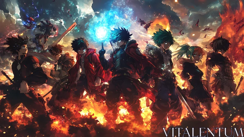 Stormlit rebels stride through firelit sky and broken worlds