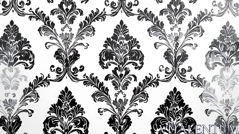 Baroque damask pattern in glossy black and silver repeat.