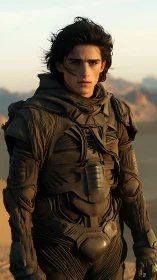 Lone desert wanderer stands in armored sci-fi suit.