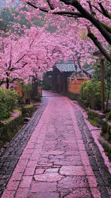 Cherry blossom lane glows under soft spring rainfall.