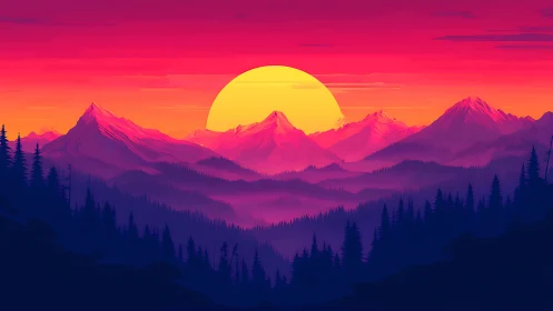 Solar bloom over neon-kissed mountains and whispering pines.