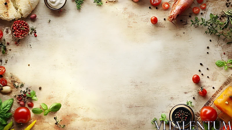 Rustic cooking background with herbs, spices and fresh food.