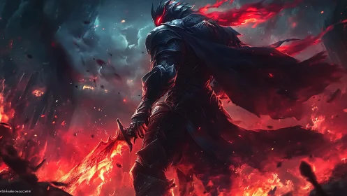 Infernal armored warrior amid molten battlefield flames.