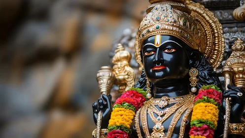 Radiant black stone deity wrapped in gold and garlands.