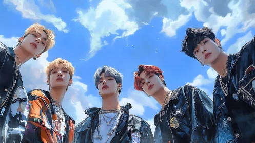 Five stylized young men pose outdoors under bright blue sky