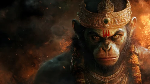 Mythic simian warrior figure in ornate golden regalia.