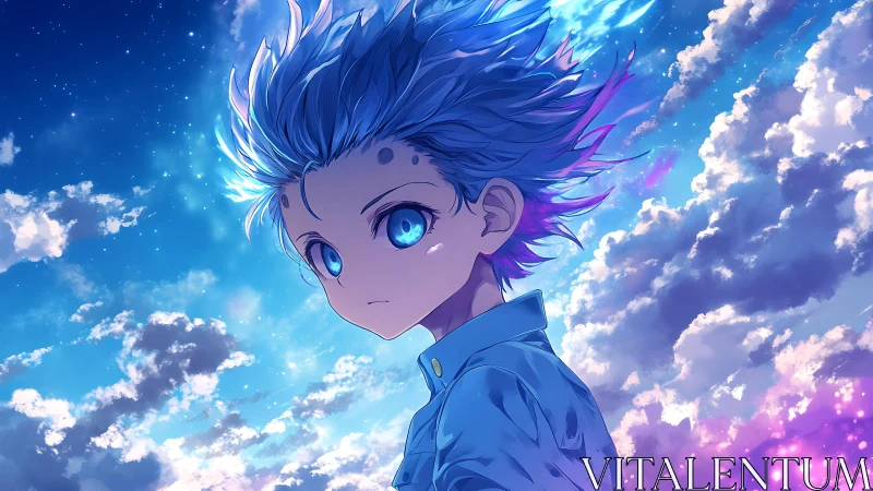 Blue-haired anime youth gazes over luminous twilight sky