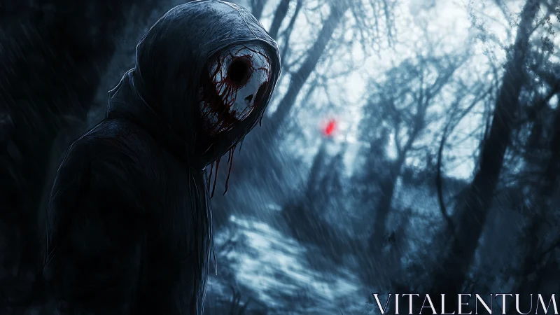 Hooded skull demon stalks rain-soaked forest path at dusk