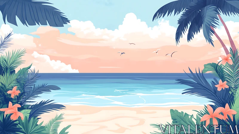 Tropical Beach Sunset with Palm Trees and Turquoise Waters