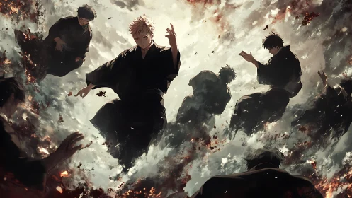 Sorcerers descend through burning clouds in a storm of power