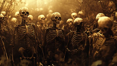 Skeleton horde under golden mist in eerie forest scene.