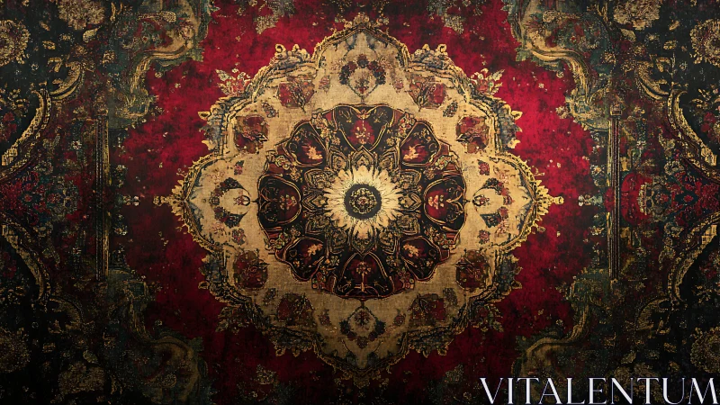 Radially symmetric mandala carpet with distressed ornamental detailing