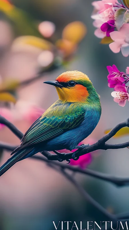 Iridescent songbird rendered in shallow-depth floral portrait