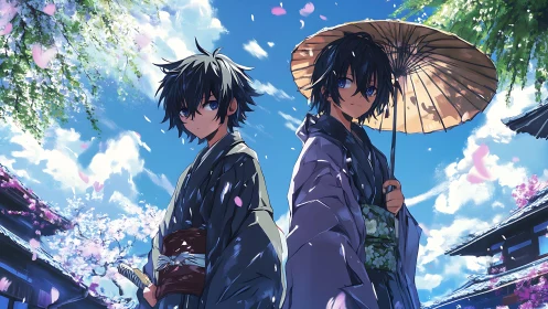 Two kimono-clad youths under clear sky with petals falling.