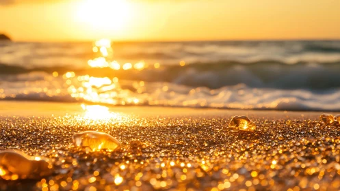 Golden sunset illuminates wet sand and translucent shells
