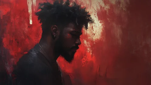 Moody side-profile portrait in crimson textured abstraction.