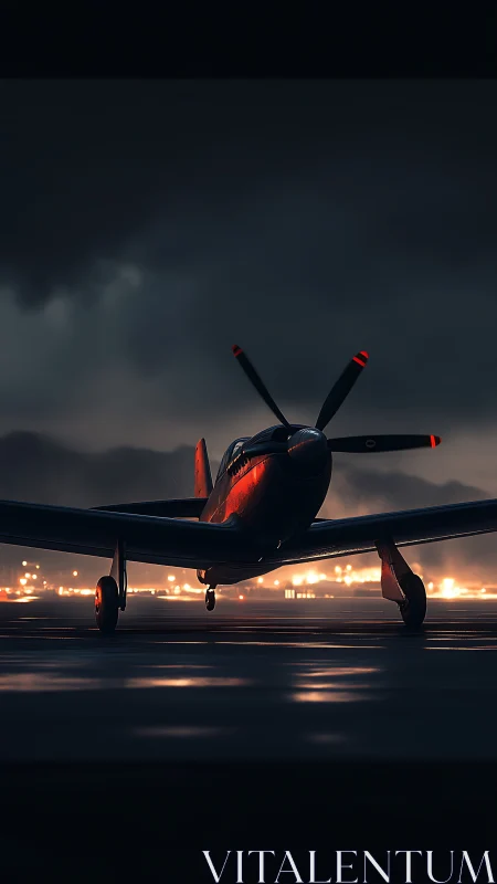 Low light propeller fighter on wet tarmac with rim lighting.
