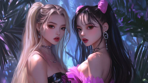 Twin neon sirens under chromatic jungle backlighting.