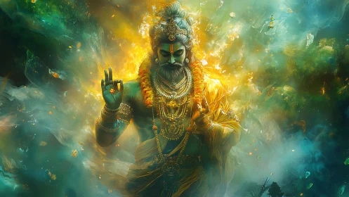 Divine cosmic deity emerges from swirling teal nebula light