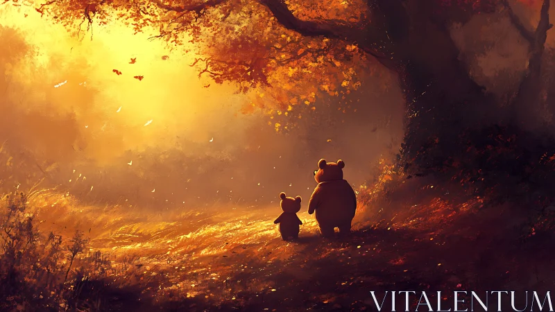 Autumn forest bears walk under glowing golden canopy