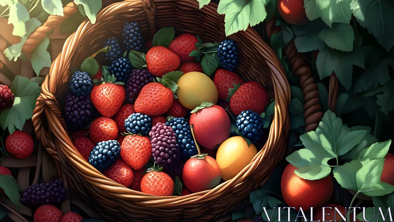 Sunlit wicker basket holds hyperreal mixed berries and stone fruits